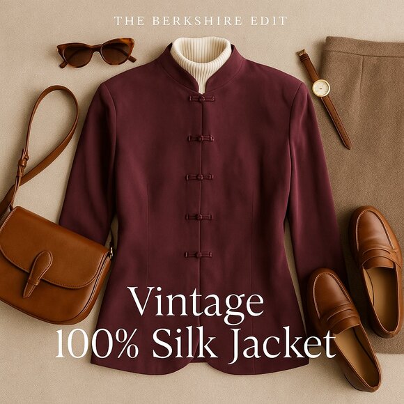 Vintage 100% Silk Jacket Burgundy Mandarin Collar Fully Lined Button Front Sz 8 - Picture 1 of 14